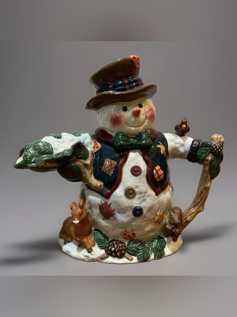 Christmas Winter Snowman tea Pot Scarecrow Patches Hand Painted Herman Dodge USA
